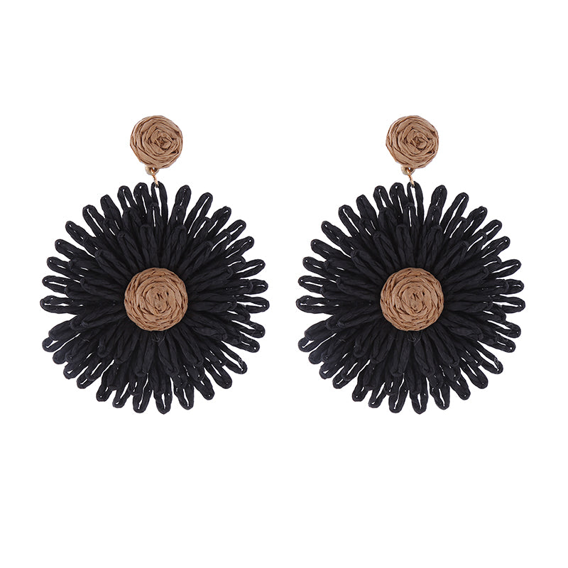 1 Pair Simple Style Round Flower Braid Alloy Raffia Drop Earrings