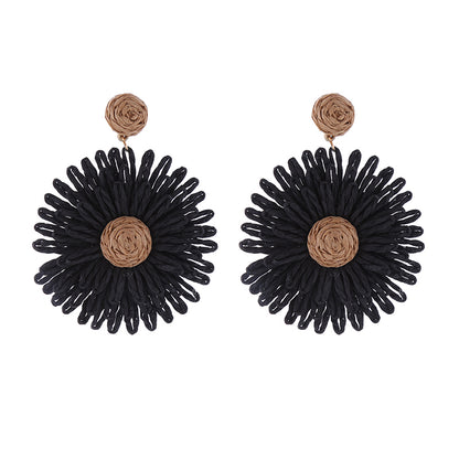 1 Pair Simple Style Round Flower Braid Alloy Raffia Drop Earrings