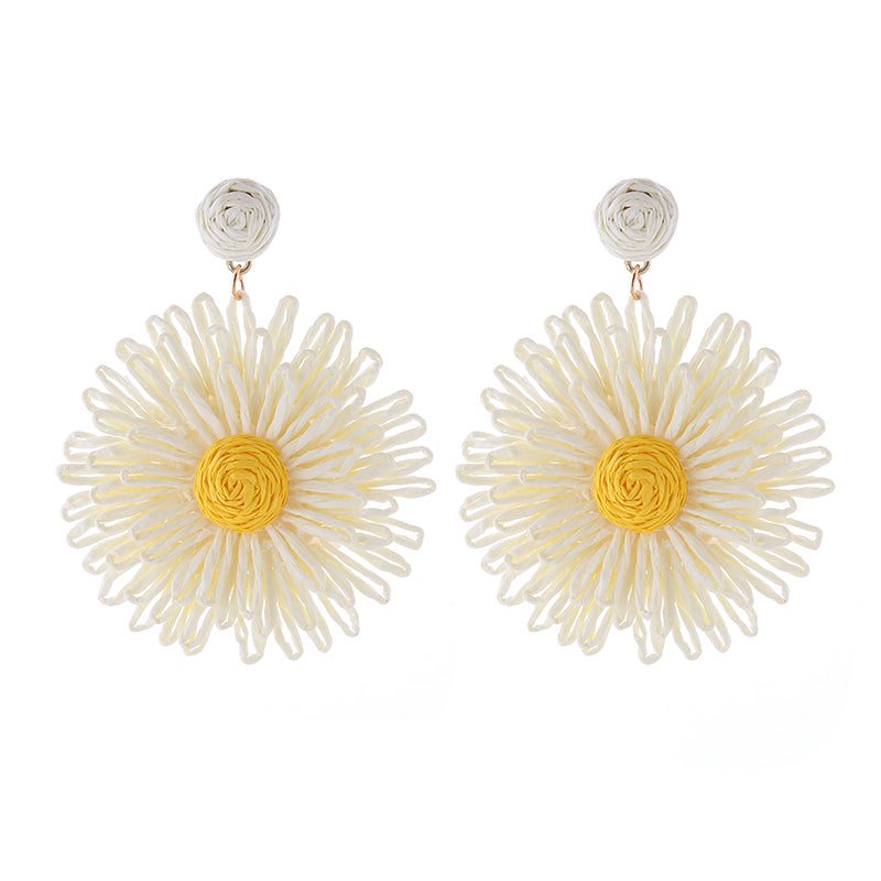 1 Pair Simple Style Round Flower Braid Alloy Raffia Drop Earrings