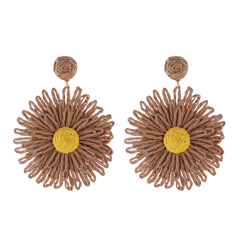 1 Pair Simple Style Round Flower Braid Alloy Raffia Drop Earrings