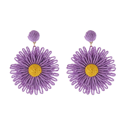 1 Pair Simple Style Round Flower Braid Alloy Raffia Drop Earrings