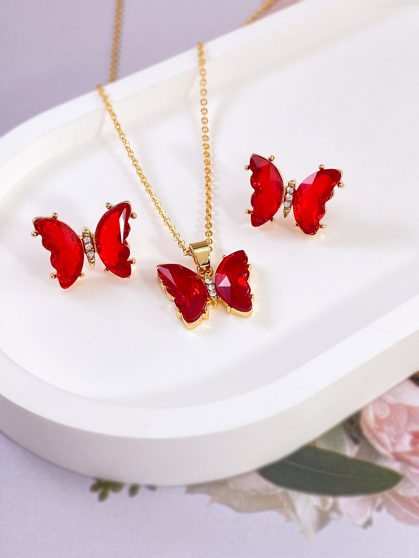 Wholesale Jewelry Glam Luxurious Butterfly Alloy Artificial Gemstones Inlay Earrings Necklace