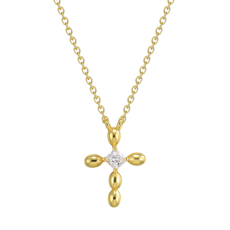 Elegant Classic Style Cross Sterling Silver Plating Inlay Pearl Zircon 18k Gold Plated Pendant Necklace