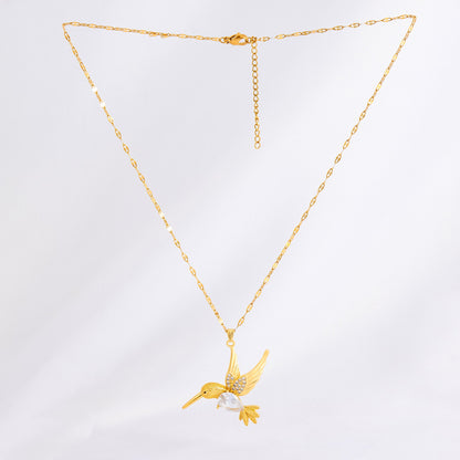 Wholesale Vintage Style Bird Stainless Steel Plating Inlay 18k Gold Plated Rhinestones Zircon Pendant Necklace