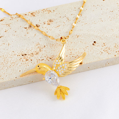 Wholesale Vintage Style Bird Stainless Steel Plating Inlay 18k Gold Plated Rhinestones Zircon Pendant Necklace