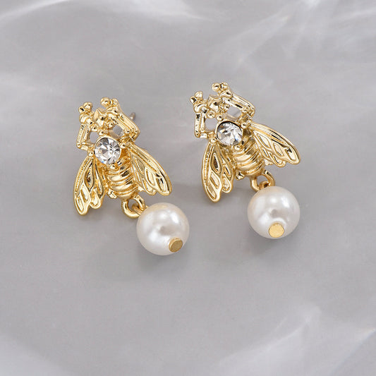 1 Pair Simple Style Insect Bow Knot Pearl Inlay Alloy Zinc Rhinestones Drop Earrings Ear Studs