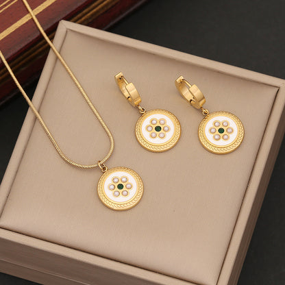 Wholesale Retro Commute Round Stainless Steel Enamel Inlay Artificial Pearls Earrings Necklace