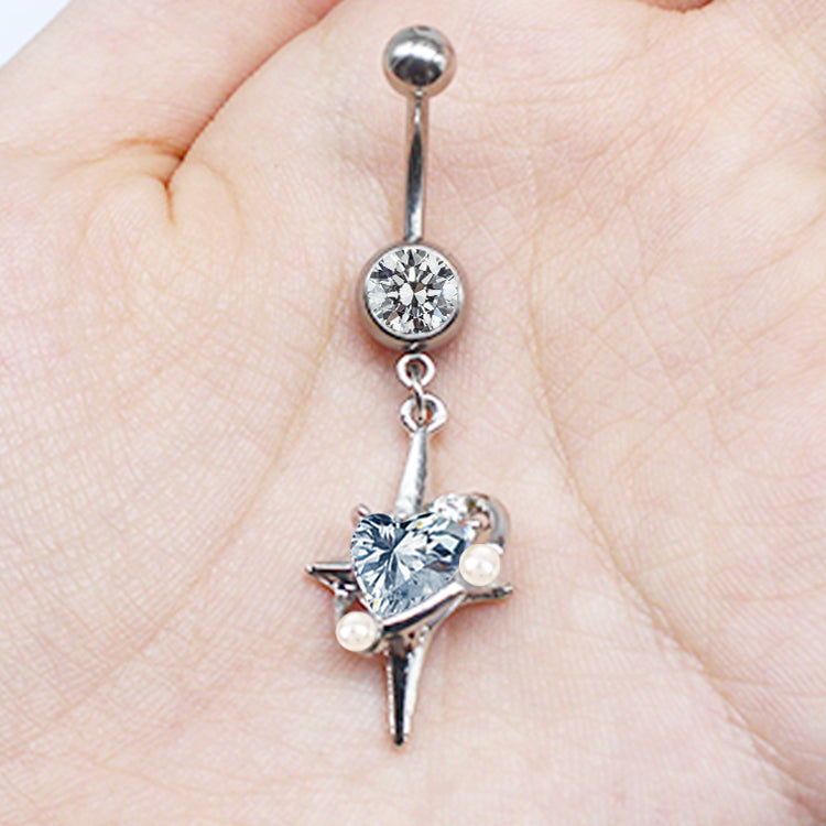 Elegant Streetwear Heart Shape Butterfly Bow Knot Stainless Steel Copper Inlay Zircon White Gold Plated Belly Ring