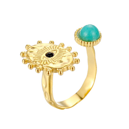 Retro Devil's Eye Stainless Steel Plating Inlay Turquoise 18k Gold Plated Open Rings