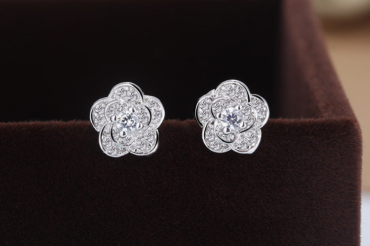 1 Pair Lady Flower Plating Inlay Copper Zircon White Gold Plated Ear Studs