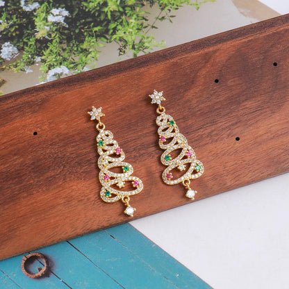 1 Pair Cute Sweet Christmas Tree Plating Inlay Copper Zircon 18k Gold Plated Drop Earrings