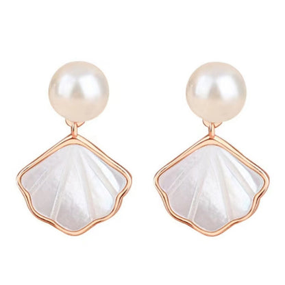 1 Pair Elegant Simple Style Scallop Plating Sterling Silver Artificial Pearls Shell Rose Gold Plated White Gold Plated Drop Earrings