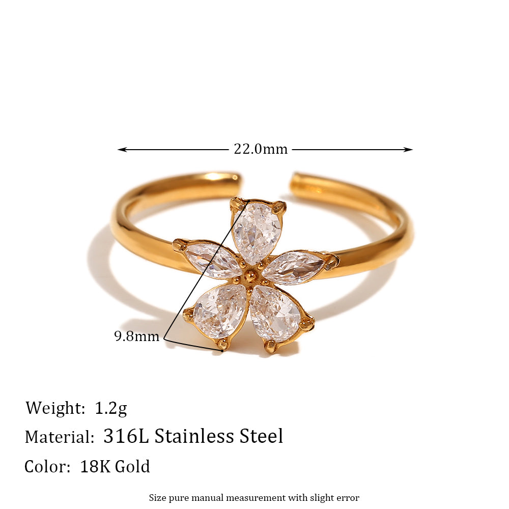 Simple Style Flower Stainless Steel Plating Zircon 18k Gold Plated Open Rings