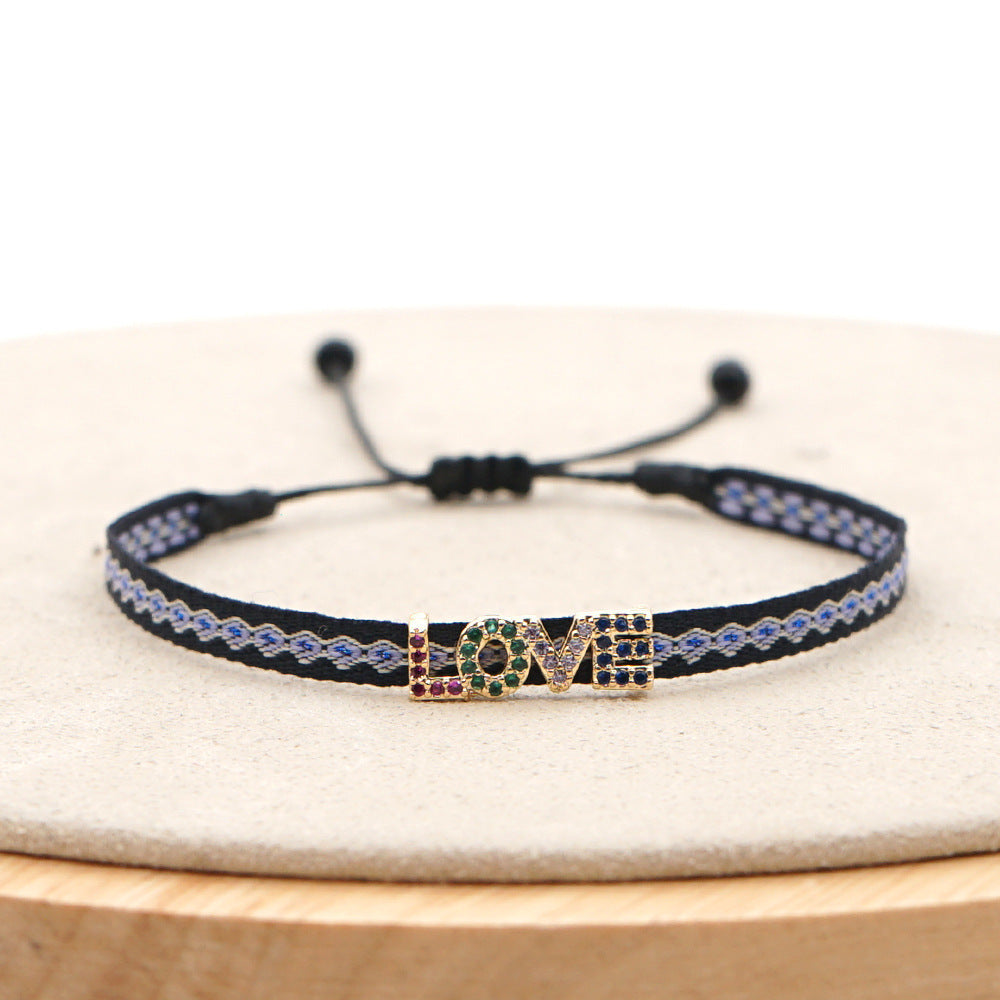 Casual Simple Style Cross Devil's Eye Palm Polyester Cotton Ribbon Copper Knitting Inlay Rhinestones Bracelets