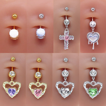 Sweet Artistic Cross Round Heart Shape Stainless Steel Copper Plating Inlay Rhinestones White Gold Plated Gold Plated Belly Ring