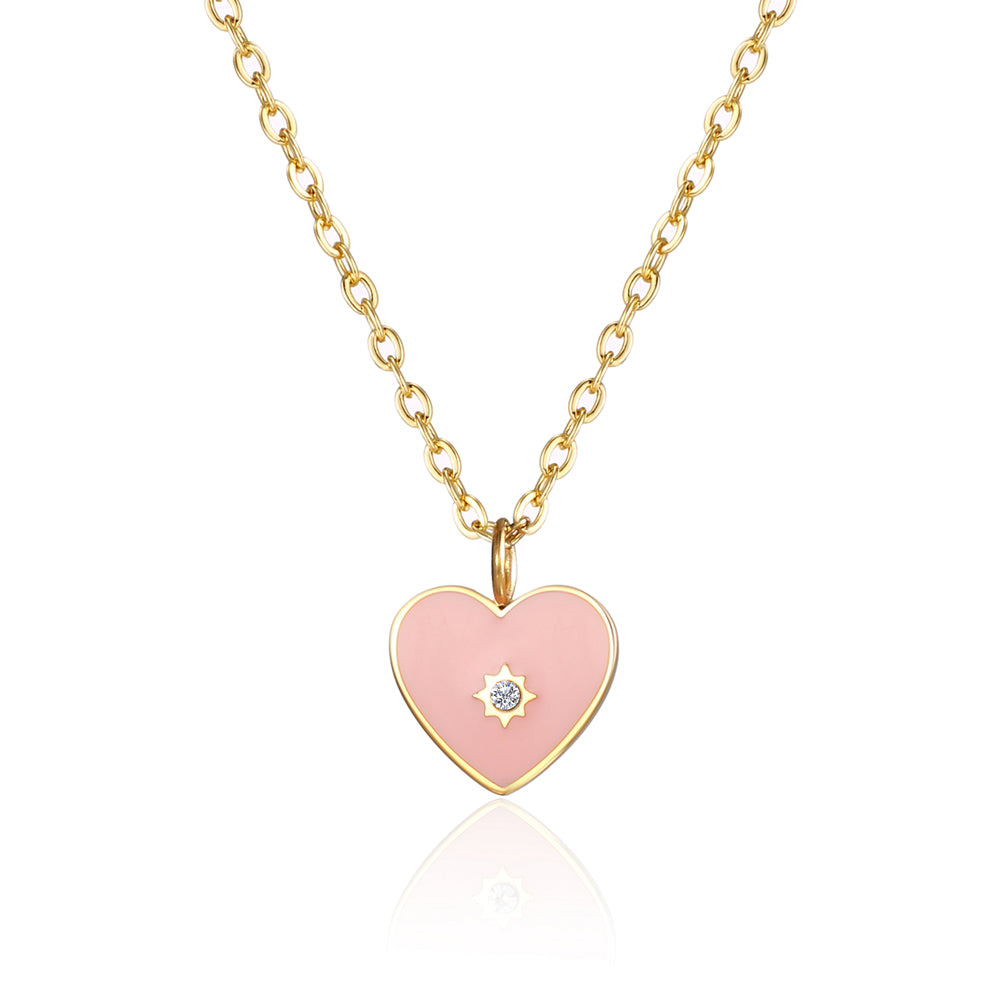 Ig Style Sweet Simple Style Heart Shape Stainless Steel Epoxy Plating Inlay Zircon 18k Gold Plated Pendant Necklace