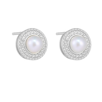 1 Pair Ig Style Sweet Round Plating Inlay Sterling Silver Pearl Zircon 14k Gold Plated Rhodium Plated Ear Studs