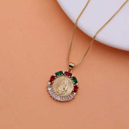 Vintage Style Virgin Mary Copper 18k Gold Plated Zircon Pendant Necklace In Bulk