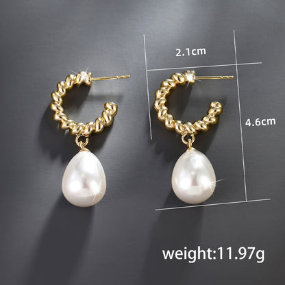 1 Pair Elegant Retro C Shape Water Droplets Plating Inlay Copper Alloy Artificial Pearls 14k Gold Plated Drop Earrings