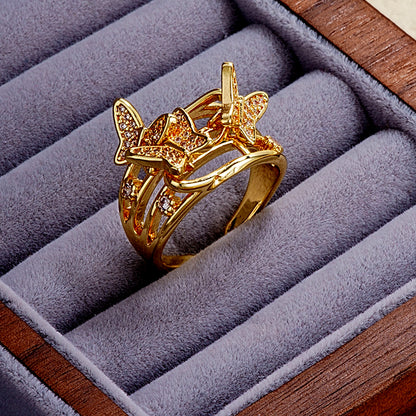 Elegant Simple Style Butterfly Copper Gold Plated Zircon Open Rings In Bulk