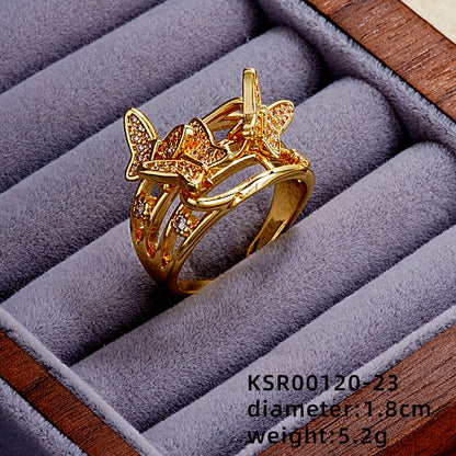 Elegant Simple Style Butterfly Copper Gold Plated Zircon Open Rings In Bulk