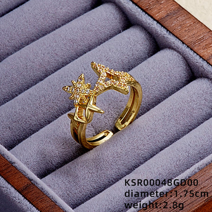 Elegant Simple Style Star Bow Knot Copper Gold Plated Zircon Open Rings In Bulk