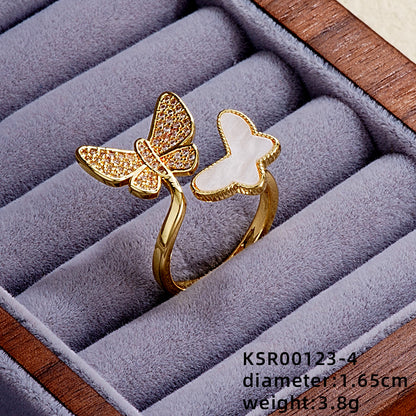 Elegant Simple Style Butterfly Copper Gold Plated Pearl Zircon Open Rings In Bulk