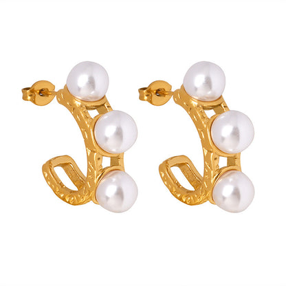 1 Pair Ig Style Casual C Shape Solid Color Plating Inlay Stainless Steel Artificial Pearls 14k Gold Plated Ear Studs