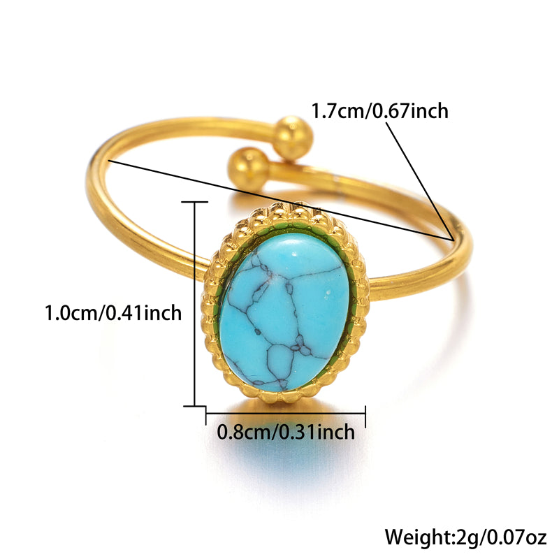 Elegant Retro Lady Round Stainless Steel Plating Inlay Natural Stone Gold Plated Open Rings