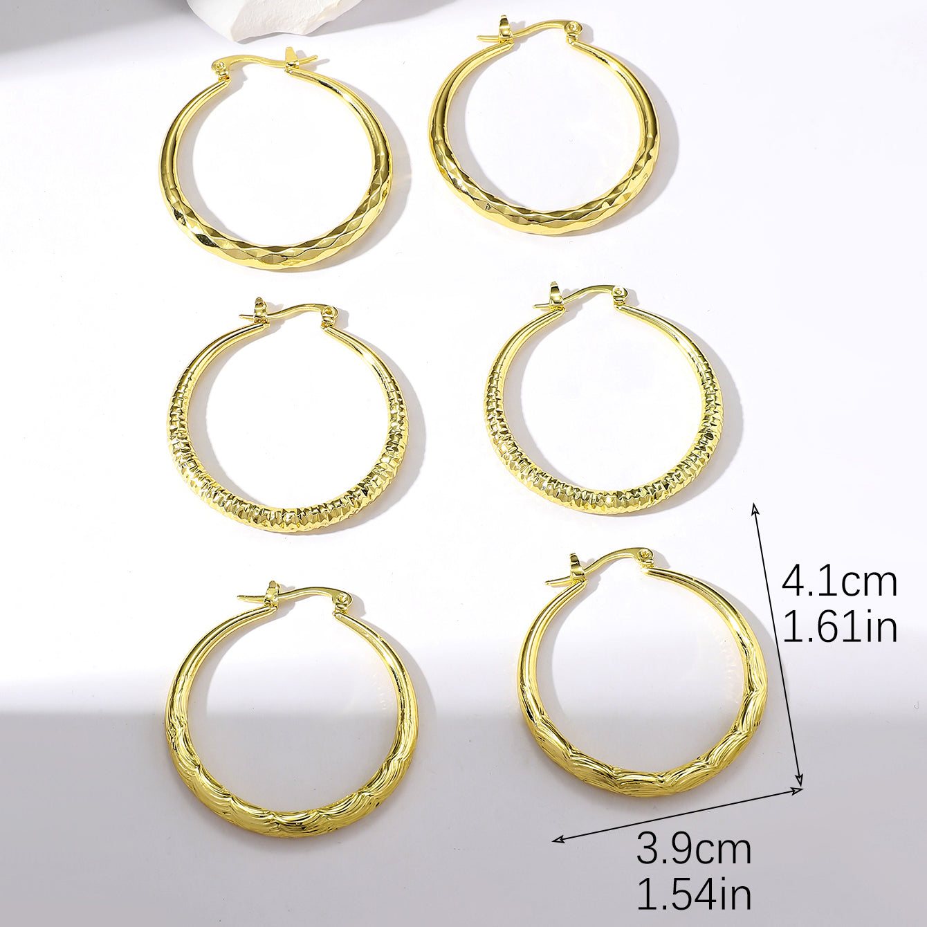 3 Pairs Streetwear Circle Alloy Gold Plated Hoop Earrings