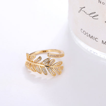 Simple Style Leaf Copper 18k Gold Plated Silver Plated Zircon Adjustable Ring In Bulk