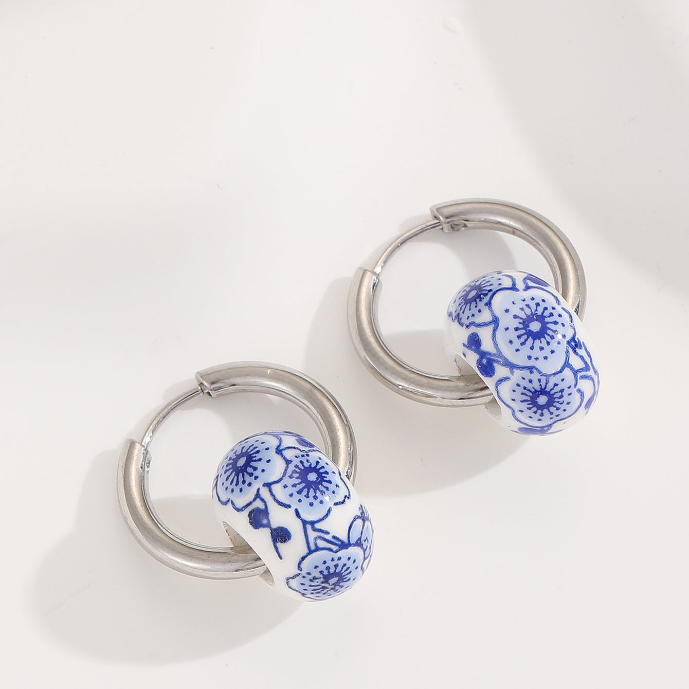 1 Pair Classical Blue And White Porcelain Stainless Steel Ceramics Hoop Earrings