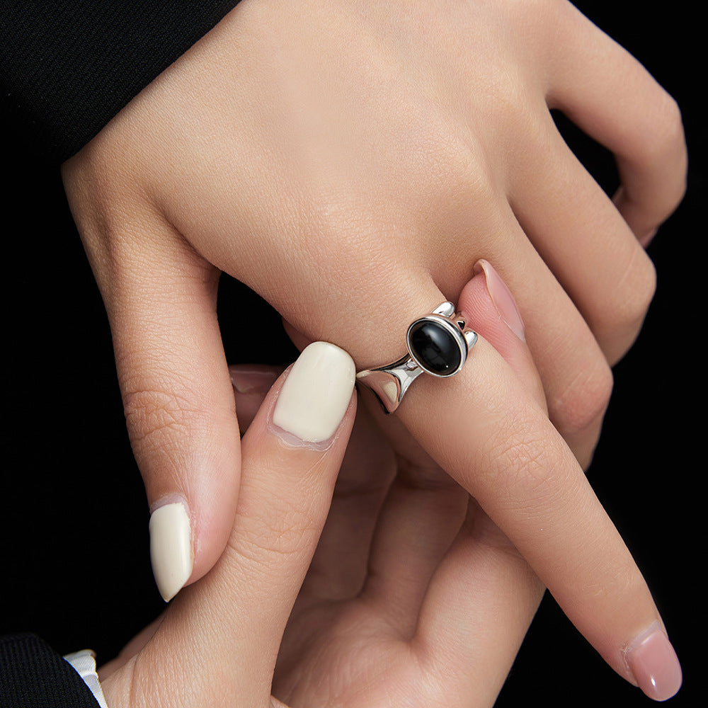 Casual Solid Color Sterling Silver Asymmetrical Plating Inlay Agate White Gold Plated Open Rings