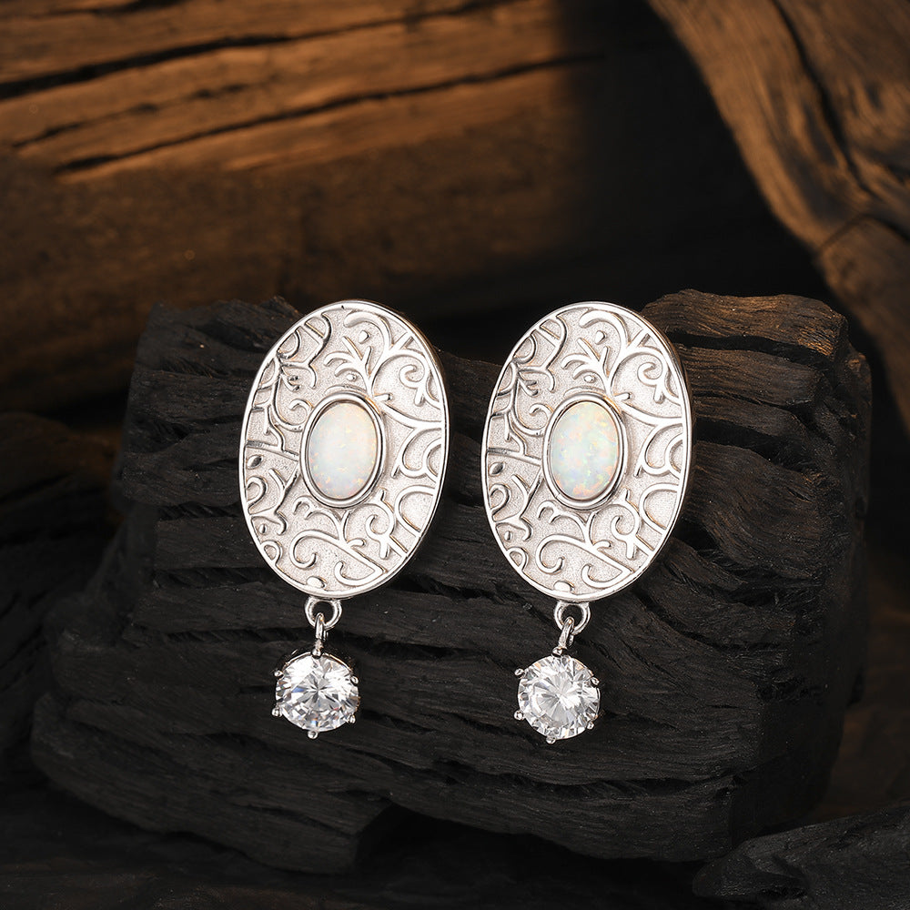 1 Pair Original Design Oval Plating Inlay Sterling Silver Artificial Gemstones Zircon White Gold Plated Drop Earrings