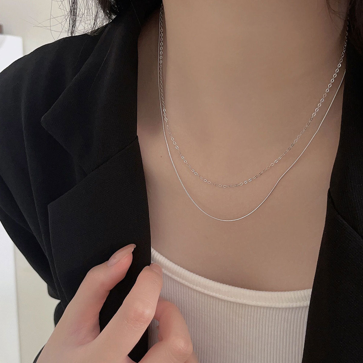 Simple Style Solid Color Sterling Silver Plating White Gold Plated Double Layer Necklaces