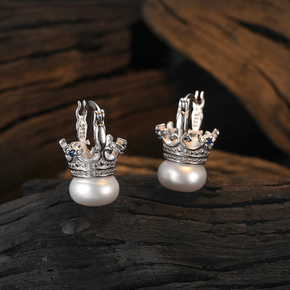 1 Pair Casual Crown Plating Inlay Sterling Silver Freshwater Pearl Zircon White Gold Plated Earrings