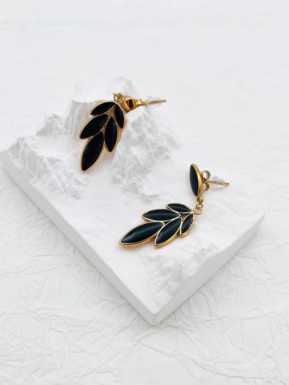 1 Pair Simple Style Leaves Inlay Stainless Steel Obsidian 18K Gold Plated Drop Earrings