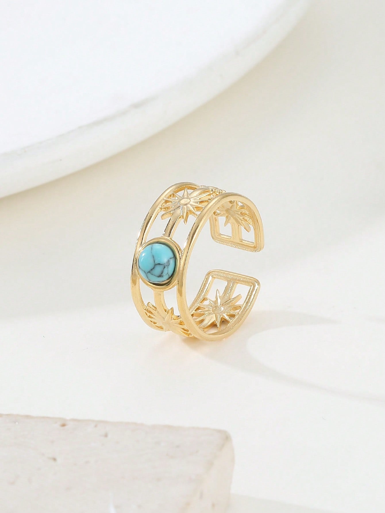 Retro Geometric Stainless Steel Plating Inlay Natural Stone 18k Gold Plated Open Rings