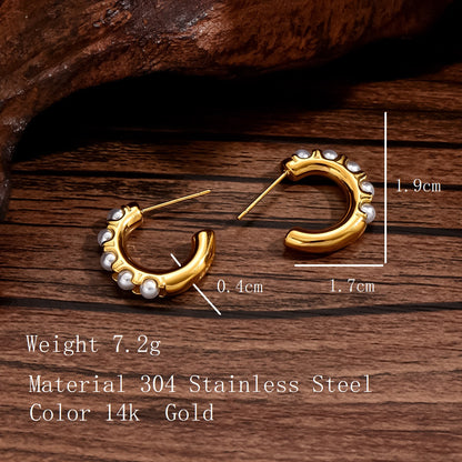 1 Pair French Style C Shape Inlay Stainless Steel Pearl 14k Gold Plated Ear Studs