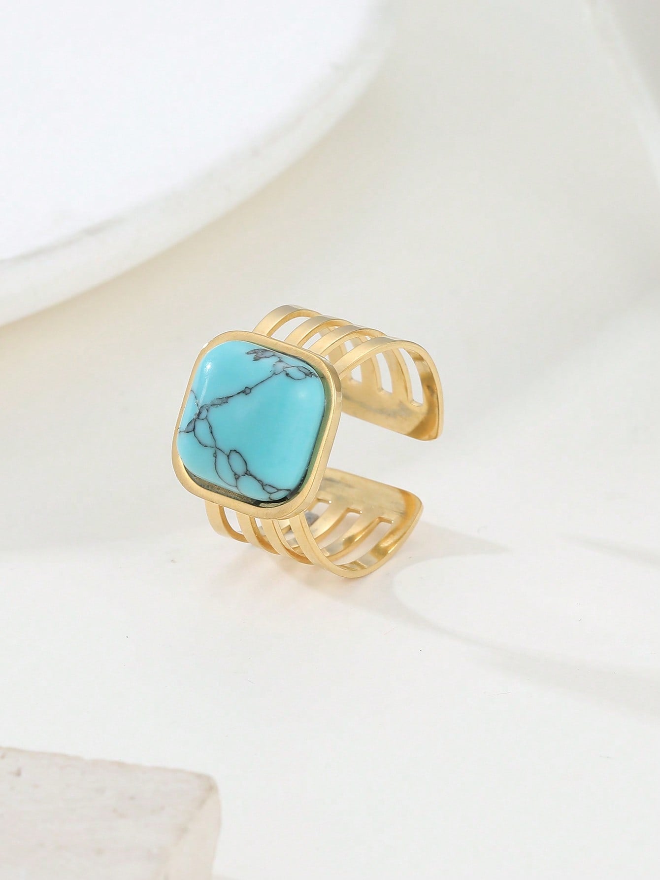 Retro Geometric Stainless Steel Plating Inlay Turquoise 18k Gold Plated Open Rings