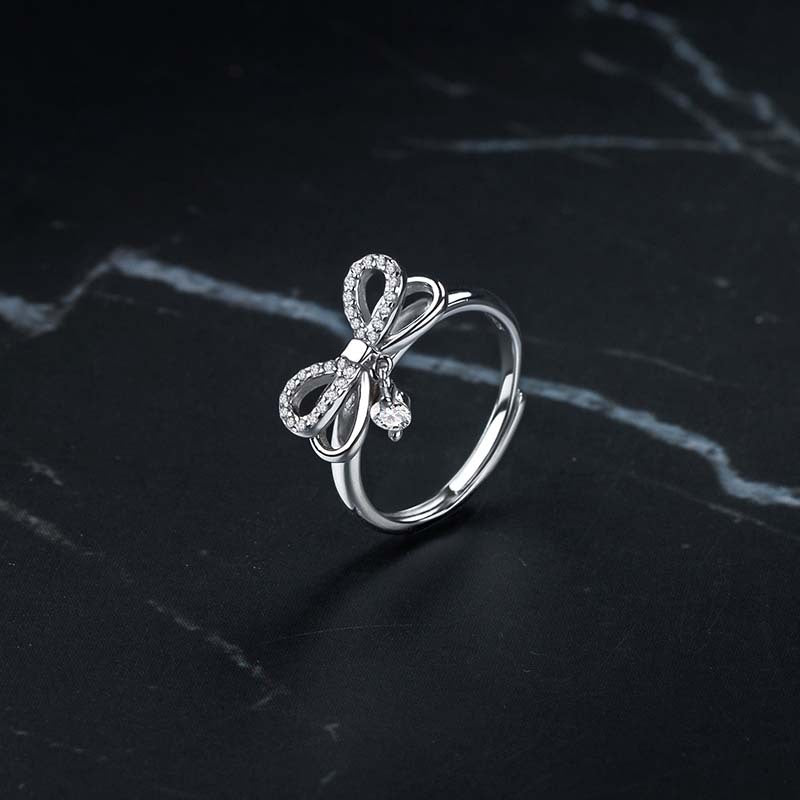 Elegant Princess Sweet Water Droplets Bow Knot Sterling Silver Open Rings