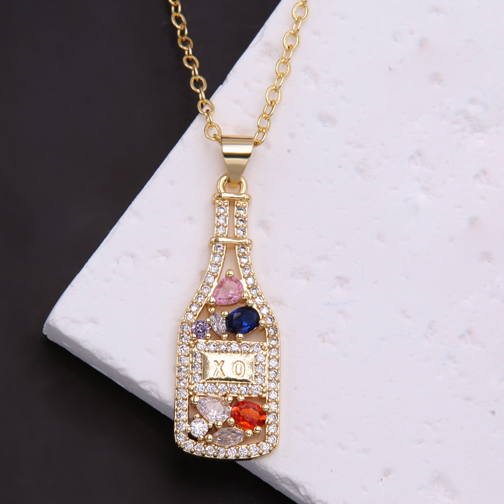 Cool Style Shiny Wine Bottle Copper 18k Gold Plated Gem Zircon Pendant Necklace In Bulk