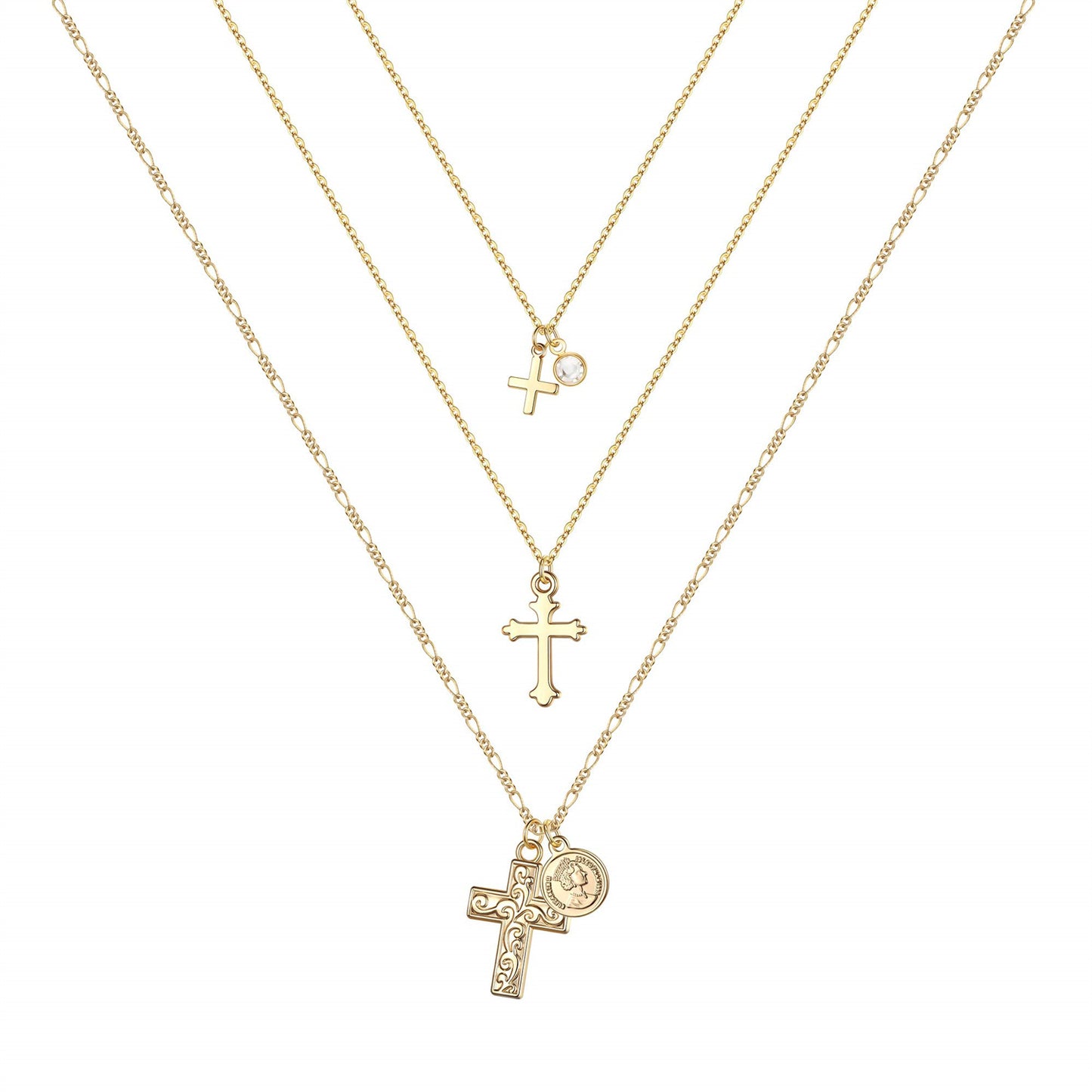 Hip-hop Cool Style Cross Heart Shape Lock Copper 14k Gold Plated Three Layer Necklace In Bulk