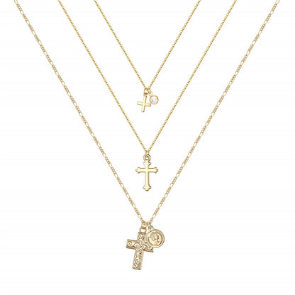 Hip-hop Cool Style Cross Heart Shape Lock Copper 14k Gold Plated Three Layer Necklace In Bulk