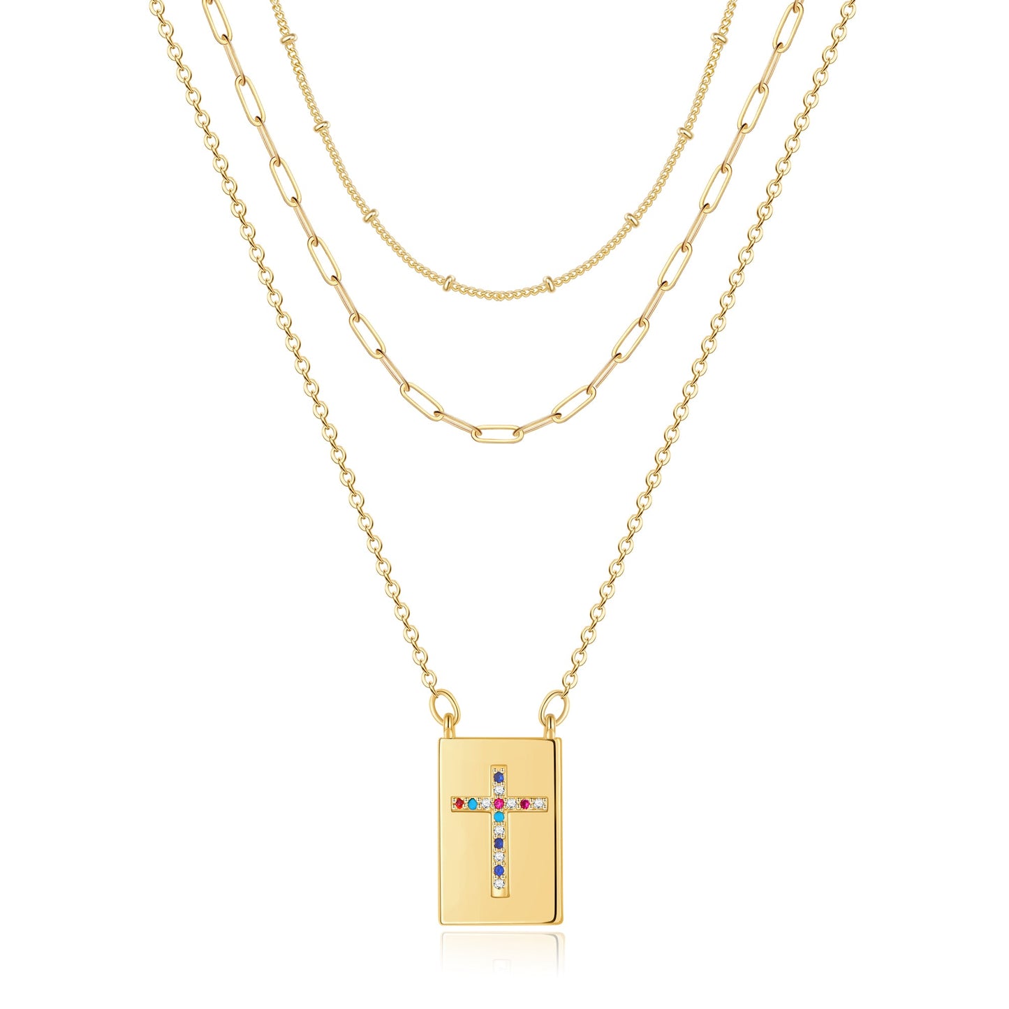 Hip-hop Cool Style Cross Heart Shape Lock Copper 14k Gold Plated Three Layer Necklace In Bulk