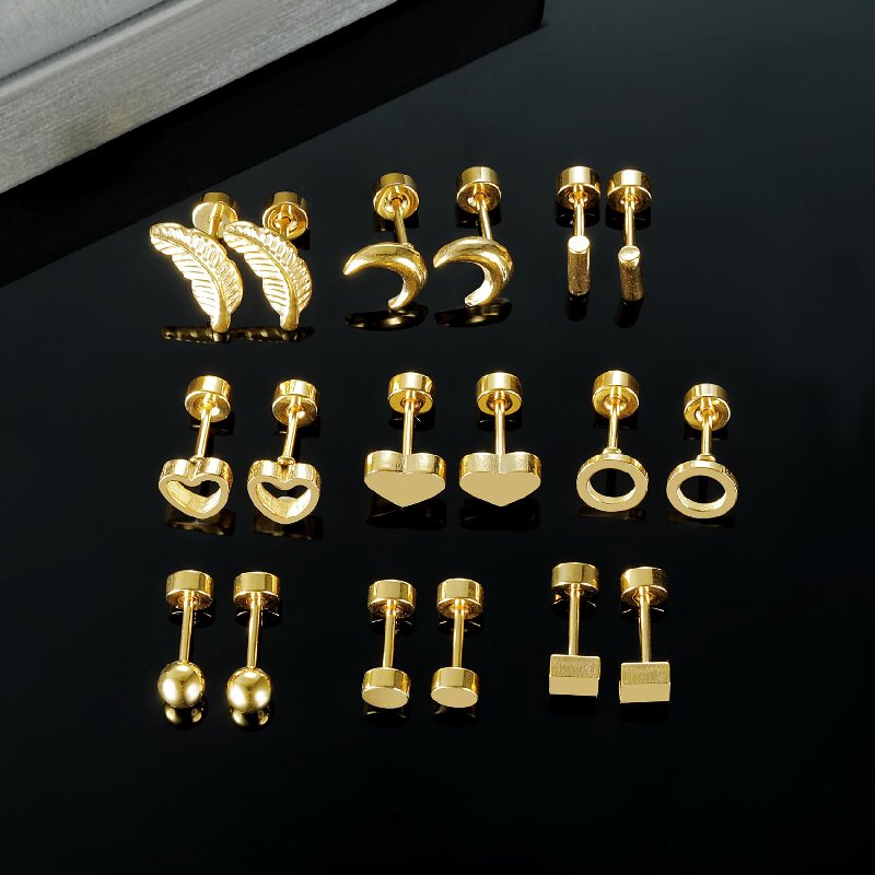 9 Pairs Simple Style Moon Tree Heart Shape Plating Stainless Steel 18k Gold Plated Ear Studs