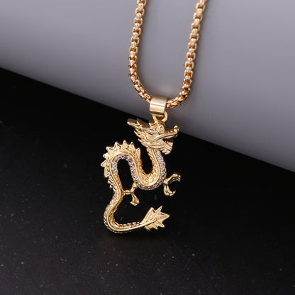 Chinoiserie Hip-hop Cool Style Dragon Copper Plating Inlay Zircon 18k Gold Plated Unisex Pendant Necklace