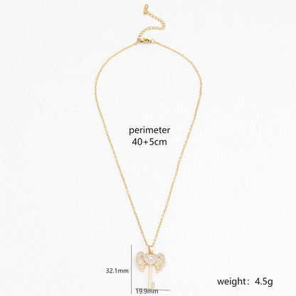 Stainless Steel 18K Gold Plated Elegant Formal Simple Style Heart Shape Wings Key Polishing Inlay Zircon Pendant Necklace