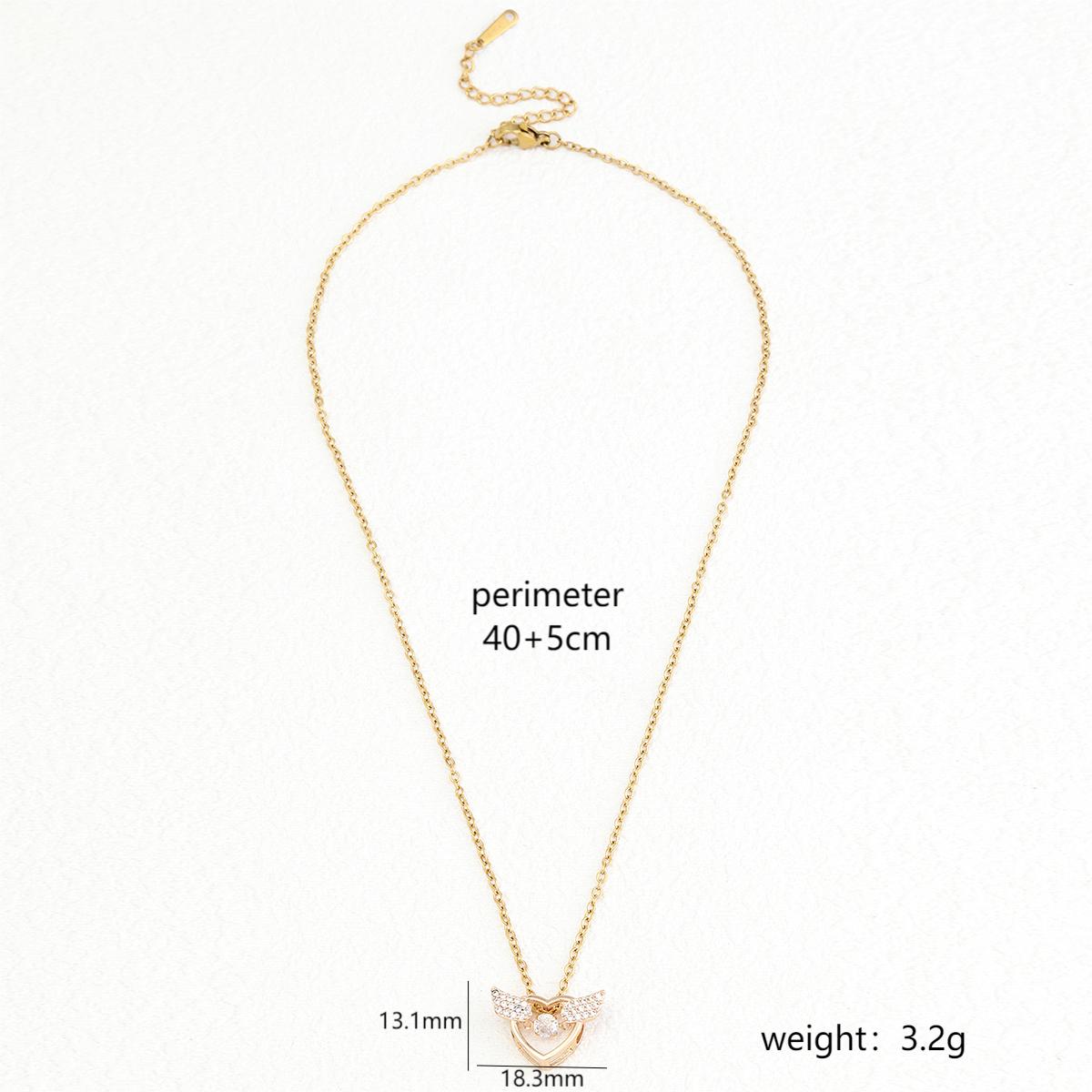 Stainless Steel 18K Gold Plated Elegant Formal Simple Style Heart Shape Wings Key Polishing Inlay Zircon Pendant Necklace