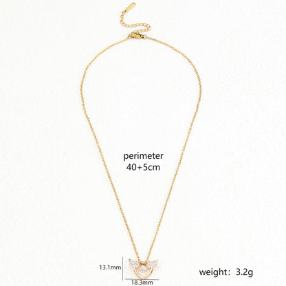 Stainless Steel 18K Gold Plated Elegant Formal Simple Style Heart Shape Wings Key Polishing Inlay Zircon Pendant Necklace